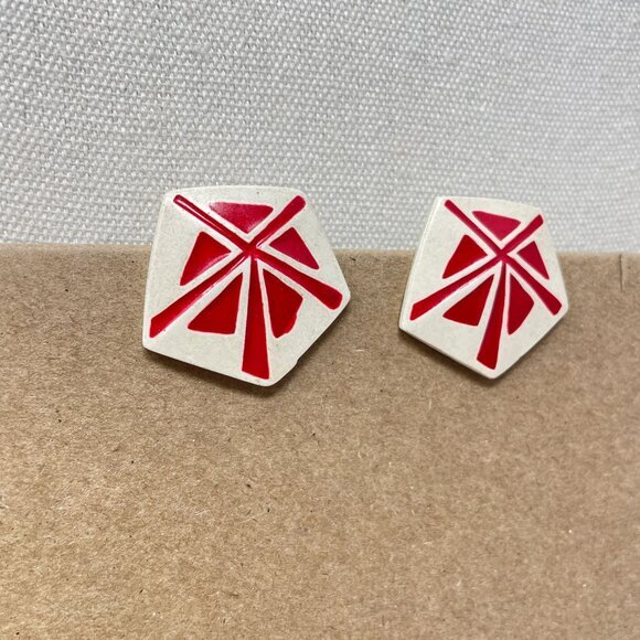 Vintage 80's Earrings‎ Graphic Bright Statement Red Geometric Asian Artsy - Picture 3 of 8